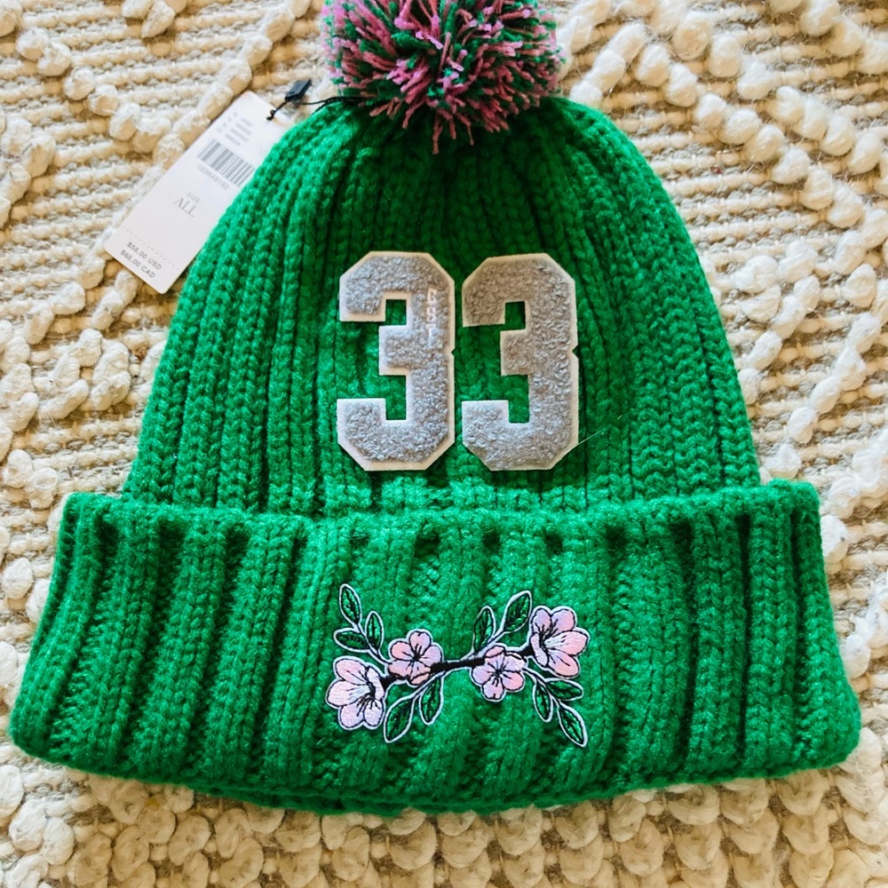 Anthropologie Emerald Knit Hat with Floral Detail